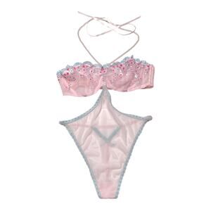 Victoria's Secret Cherry Blossom Embroidery Pearl Halter Teddy Size Large